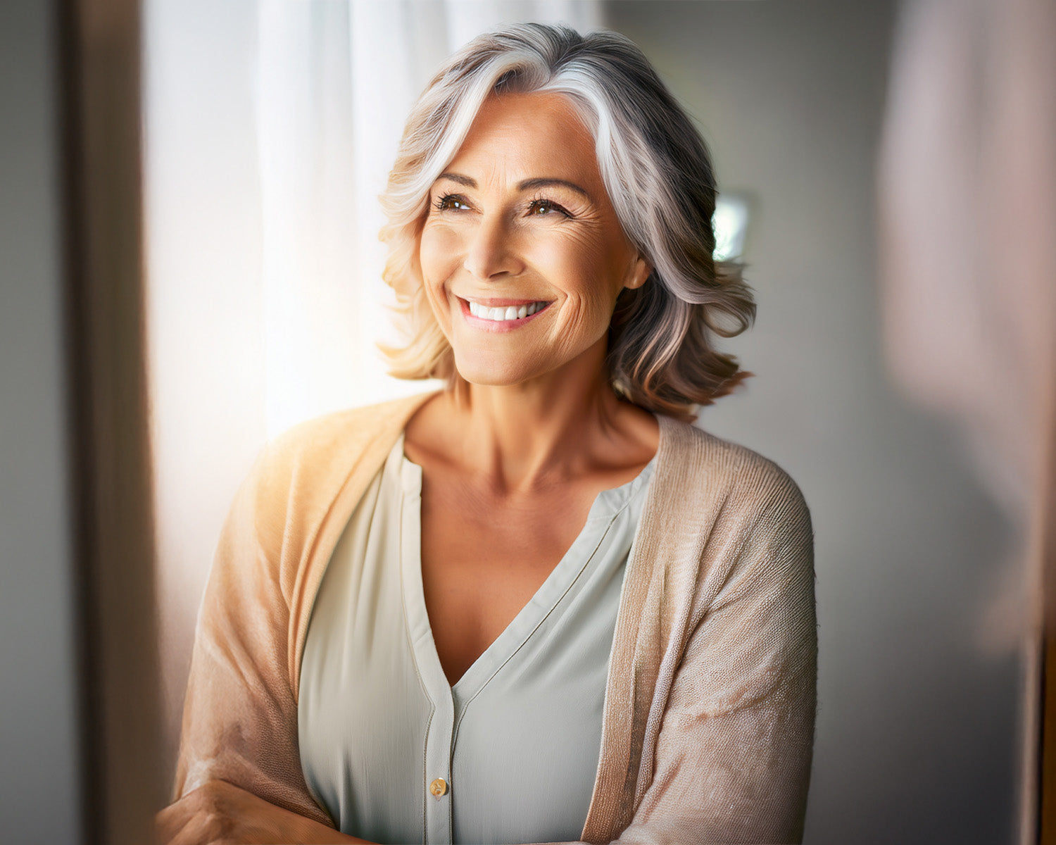 Woman 40+ using NewEra Naturals supplement at home smiling